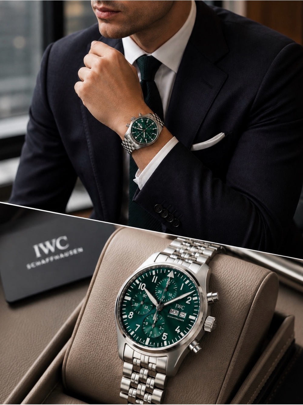 IWC Pilot Chronograph 41mm Green Dial Full Set – Rarely Worn, Mint Condition